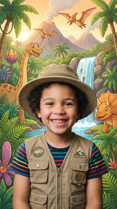 Un chico convertido en explorador entre dinosaurios