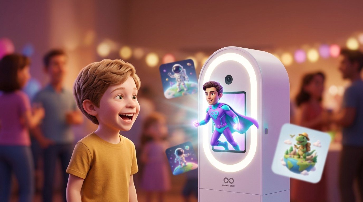 Un chico ve su versión superhéroe aparecer en la pantalla del booth